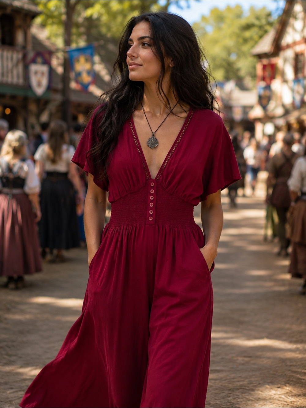 Cottagecore Patrons of Peace Burgundy V‑Neck Maxi Dress Renaissance Festival